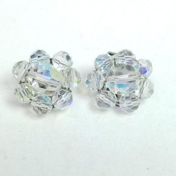 Vintage AB Glass Beaded Cluster Clip On Earrings, 50s 60s Style, Rainbow Finish - Picture 2 of 5